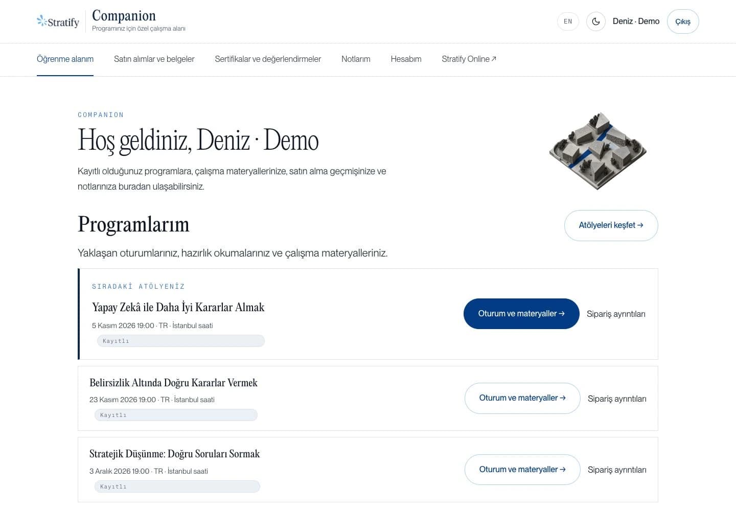 Companion ana ekranında sıradaki atölye, programlar ve hesap bağlantıları