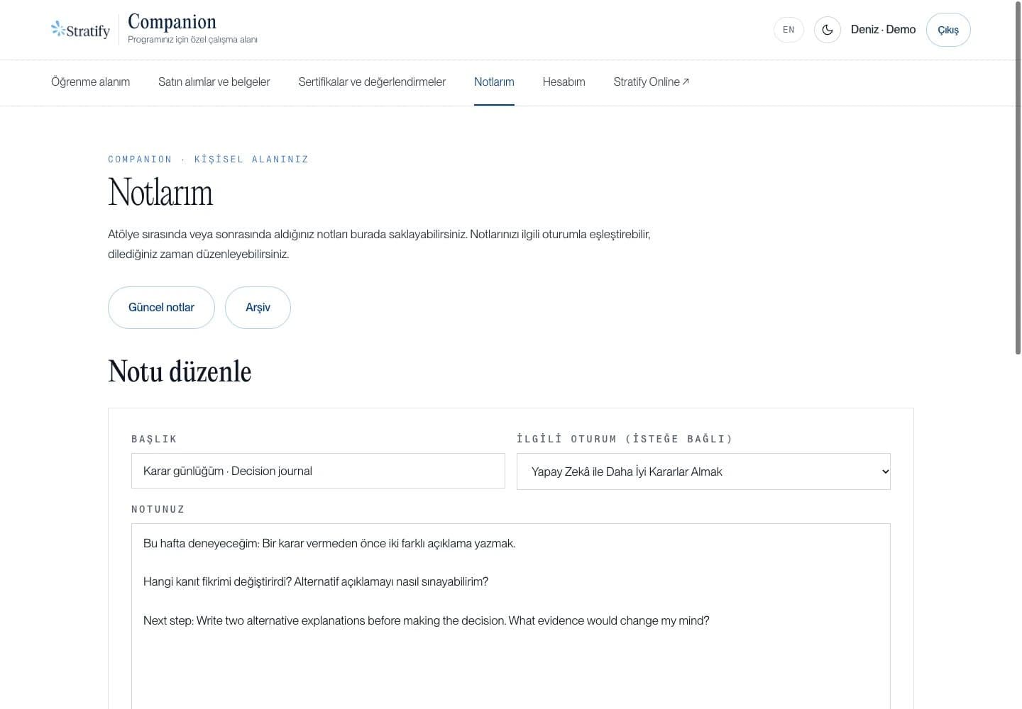 Atölyeyle ilişkilendirebildiğiniz kişisel notlar
